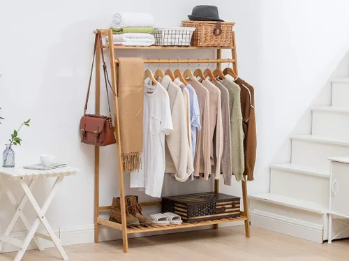 Miniatura 6 de COPREE Perchero de bambú para colgar ropa resistente con estante superior y estantes organizadores de almacenamiento de ropa para zapatos