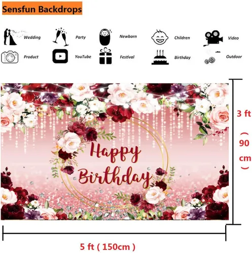 Miniatura 5 de Sensfun Telón de fondo de cumpleaños floral burdeos con diseño de lunares con purpurina y diseño floral de feliz cumpleaños para mujeres y niñas