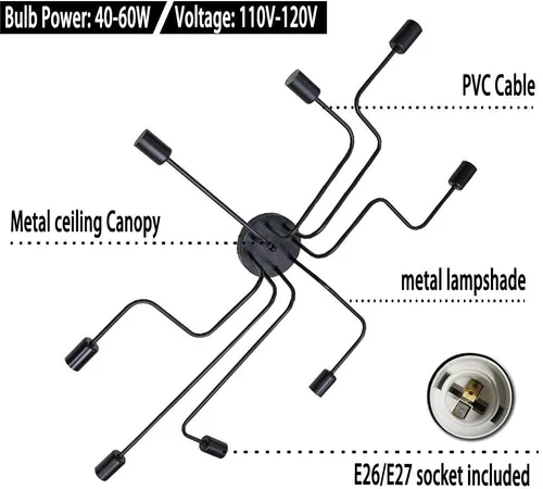 Miniatura 3 de jose2015 Lámpara moderna Sputnik, lámpara de techo negra para comedor con enchufe E26, lampara para Comedor Moderna para cocina, sala de estar