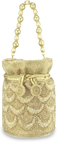 Miniatura 9 de Aheli Gold Potli - Bolsas de noche para mujer, bolso de mano étnico con cordón (P70G), Oro