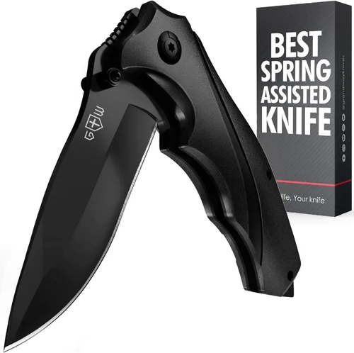 Navaja táctica Grand Way para hombres - Navaja de bolsillo negra - Mejor navaja asistida por resorte con rompevidrios y clip de bolsillo - Navajas