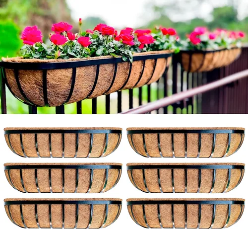 Miniatura 14 de LaLaGreen - Cajas de plantador para barandillas de terraza (61 cm, paquete de 6) Macetas de pared de metal para plantas al aire libre, color negro