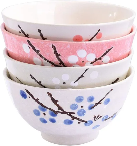 Miniatura 6 de Juego de 4 cuencos de arroz japoneses – Juego de 4 cuencos de cerámica de ciruela rosa pintados a mano para postres y sopa de cereales