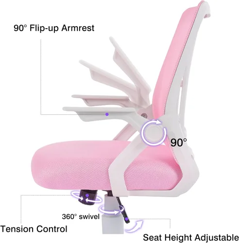 Miniatura 5 de VECELO Silla de oficina ergonómica giratoria de respaldo medio con brazos ajustables, soporte lumbar de malla para trabajo de computadora, rosa