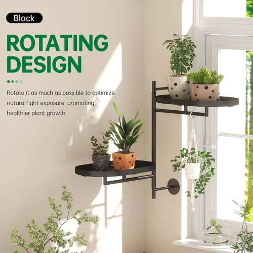 Miniatura 6 de Estantes giratorios de ventana para múltiples plantas en interiores, soporte de esquina de metal de 2 niveles negro soporte flotante para pared