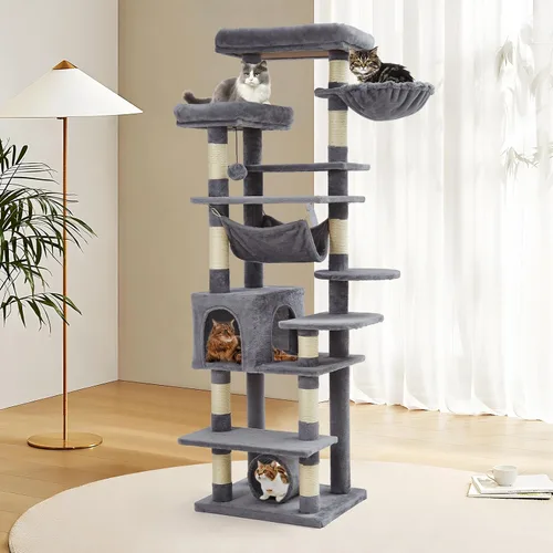 Miniatura 12 de GarveeHome Árbol de gato de 67 pulgadas para gatos grandes, cuenta con poste rascador, condominio para gatos, plataformas, túnel, hamaca, estación