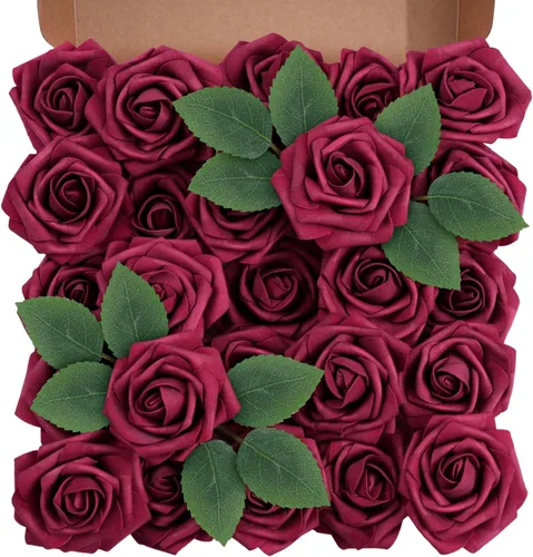 Flores artificiales de espuma, rosas falsas de espuma, 25 unidades, rosas burdeos con tallos para decoración del hogar, ramos de boda, fiestas,