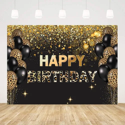 Miniatura 8 de Telón de fondo de feliz cumpleaños de 7 x 5 pies, lentejuelas doradas, globos de leopardo negro con purpurina, fondo para fotos, decoración