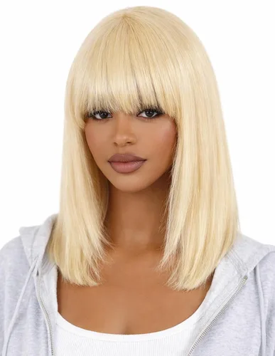 Miniatura 8 de Peluca de cabello humano lacio rubio 613 de 15 pulgadas con flequillo, sin pegamento, sin encaje frontal, Yaki Bob para mujer