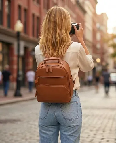 Miniatura 2 de Mochila pequeña para cámara, cuero PU clásico para DSLR, bolsa de cámara profesional para fotógrafos con compartimento para almohadilla/tableta