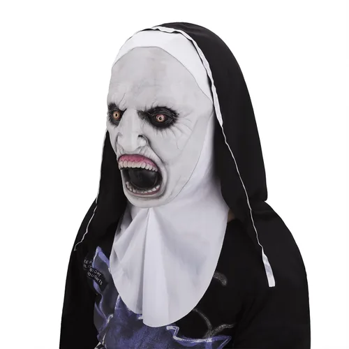 Miniatura 2 de Starsouce Máscara de monja de látex aterradora con bufanda, disfraz de monja de terror, máscaras de cabeza completa para disfraces de Halloween