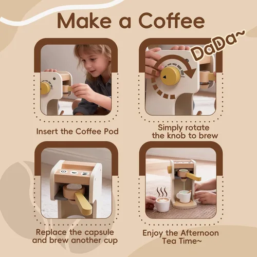 Miniatura 3 de Freniland Juguete clásico de madera para cafetera, juego para preparar y servir para niños pequeños, juguete educativo de cocina para niños a partir