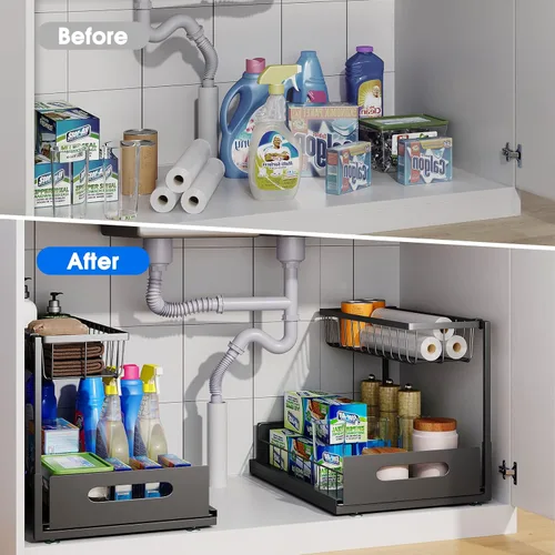 Miniatura 3 de Organizador para debajo del fregadero, estante de almacenamiento extraíble de 2 niveles, organizador de metal resistente al óxido para cocina, baño