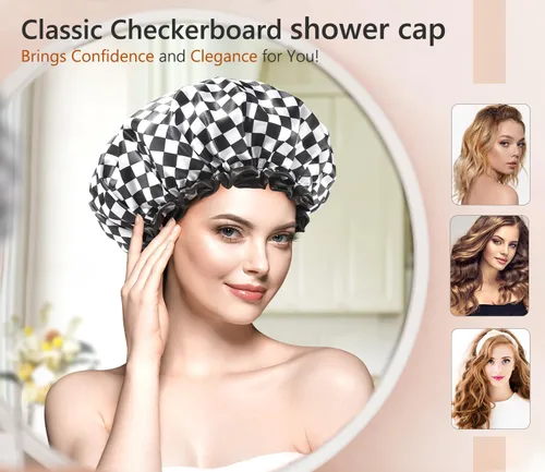 Miniatura 3 de mikimini Gorro de ducha para mujeres y niñas, elegante diseño de tablero de ajedrez, doble capa, impermeable, reutilizable, lavable, sin olor