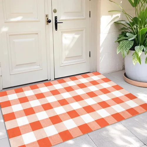 Miniatura 13 de USTIDE - Alfombra de algodón de lana cuadriculada, alfombras de cuadros naranja y blanco, 2'x4'3", alfombras tejidas a mano