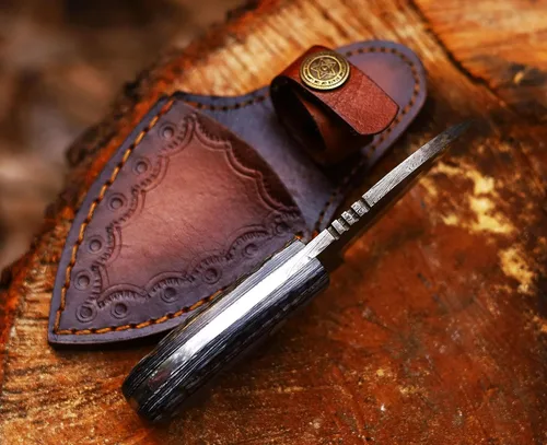 Miniatura 4 de ANCILLA Cuchillo de caza de Damasco hecho a mano EDC para ciervo, hoja fija de espiga completa, mini cuchillo de cuello de vaquero de bolsillo