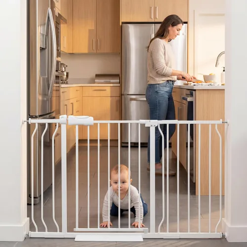 Miniatura 27 de Puerta extra ancha para bebé, puertas de seguridad extra altas para interiores, metal negro, gran montaje a presión, puerta para mascotas, puerta