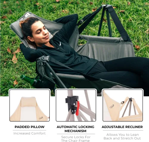 Miniatura 4 de Camphor Designs Hamaca portátil con columpio Tumbona reclinable plegable con reposacabezas y soporte para bebidas Deportes al aire libre, playa