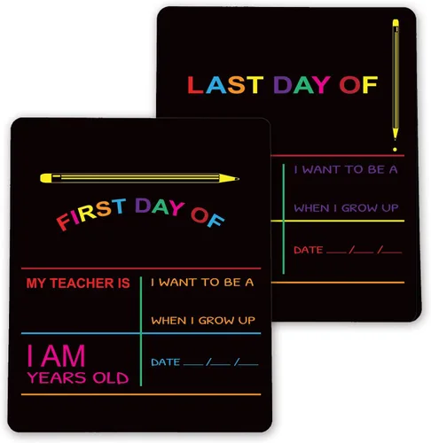 Letrero reutilizable de pizarra con texto en inglés "My First Day y Last of School". Pizarra de fotos para niños, color negro con impresión en color