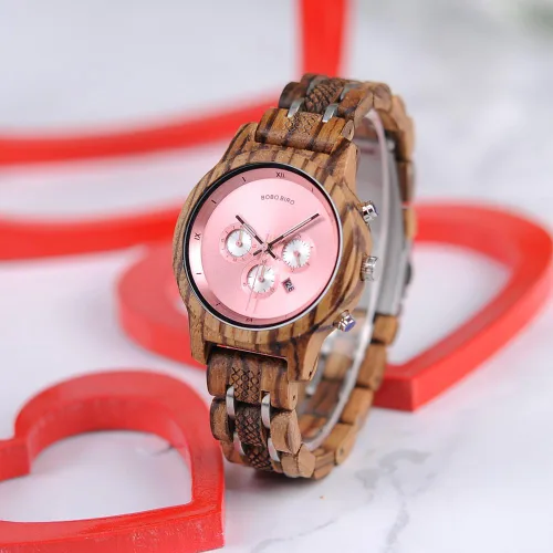 Miniatura 8 de BOBO BIRD Relojes de madera para mujer, correa de metal de madera de lujo, cronógrafo y visualización de fecha, reloj de cuarzo, moda de cebra