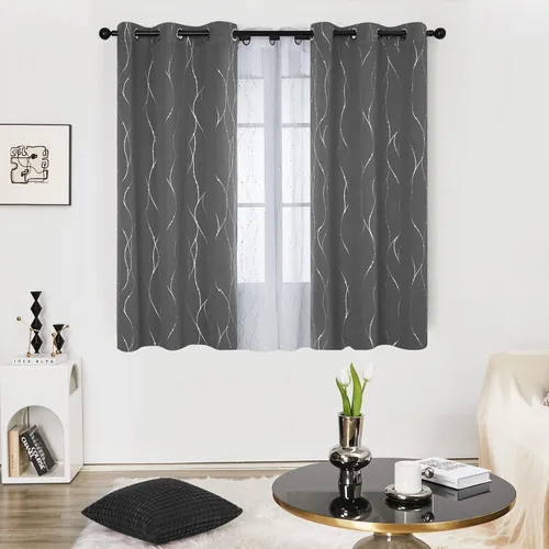 Miniatura 2 de Deconovo Cortinas blackout para sala de estar, 63 pulgadas de largo, con ojales y patrón de líneas onduladas y puntos