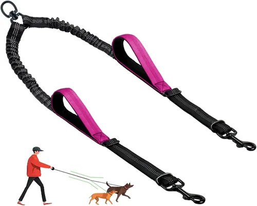 Miniatura 10 de Correa doble para perro, divisor sin enredos para dos perros, acoplador con cuerda de plomo larga ajustable, asas de control dual, elástico