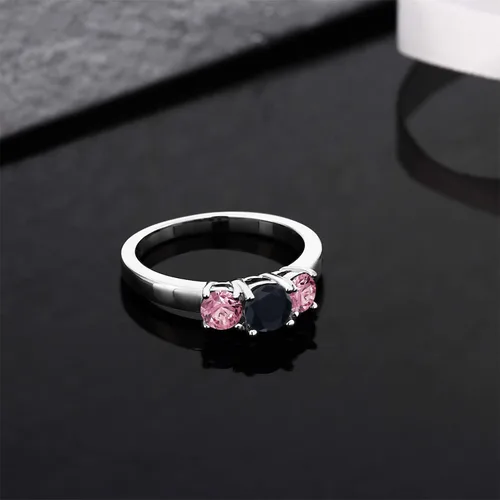Miniatura 3 de Anillo de plata de ley 925 con diamantes cultivados en laboratorio de ónix negro y rosa de 098 quilates