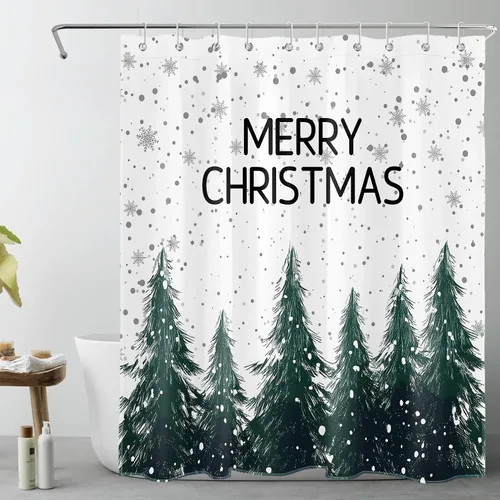 Miniatura 7 de EOBTAIN Cortina de ducha de hojas verdes de Navidad para baño, ramas de piña y abeto con bayas rojas sobre negro, cortina de ducha con 12 ganchos