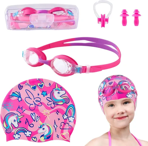 Miniatura 12 de Paquete de 2 gorros de natación impermeables de silicona para niños y niñas (3-8 años), diseño de sirena de unicornio, gorro de natación para niños