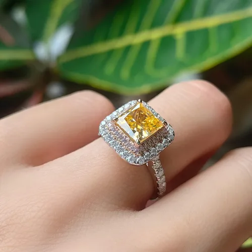 Miniatura 4 de DovEggs Anillo de compromiso de plata de ley PT950 con estampado de diamantes de imitación para mujer, 2 quilates, 0.276 x 0.276 in, amarillo