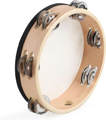 Miniatura 4 de Pandereta de 8 Pulgadas con Parche de Piel de Cabra y Concha de Haya, 6 Pares de Sonajas de Metal, Pandereta de Mano para Adultos, Ideal para Danza