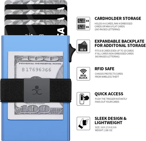 Miniatura 2 de SEMORID Cartera delgada de aluminio con tarjetero para hombre, Botón azul realB, Cartera Rfid minimalista para hombre