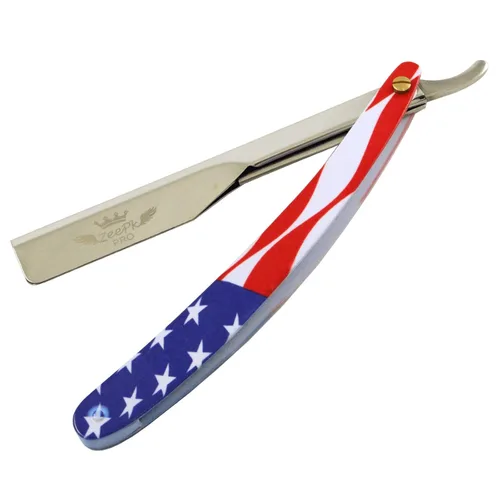 Miniatura 5 de Maquinilla de afeitar de borde recto, calidad de peluquería (bandera estadounidense) para hombre con corte de barba + 10 cuchillas de afeitar Zeepk