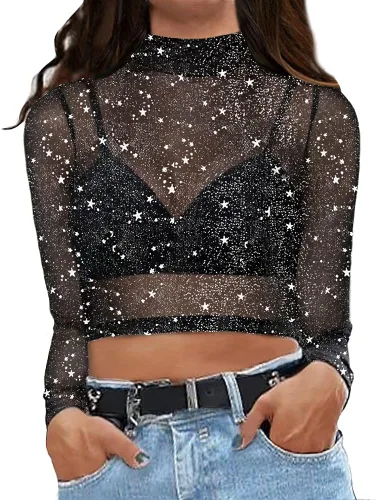 Miniatura 2 de MANGOPOP Women's Short Sleeve Long Sleeve Sheer Mesh Crop Tops Tee Shirt Blouse