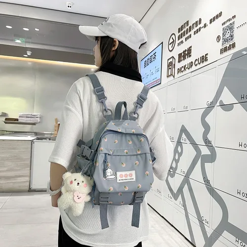 Miniatura 3 de Mochila estética Kawaii con colgante mini mochila para niñas, bonita mochila escolar japonesa, mochila con flores, Negro, S, Kawaii