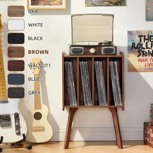 Miniatura 7 de LELELINKY Soporte para tocadiscos, mesa de almacenamiento de discos de vinilo con 4 gabinetes de hasta 100 álbumes, soporte para tocadiscos