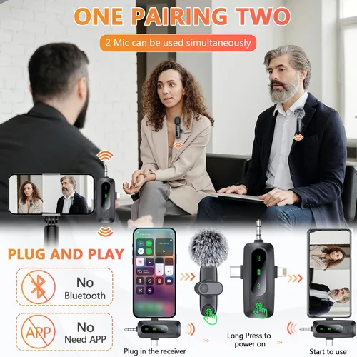 Miniatura 3 de Micrófono Lavalier inalámbrico 3 en 1 para iPhone, iPad, Android, cámara, paquete de 2 mini micrófonos profesionales con pantalla LED, clip