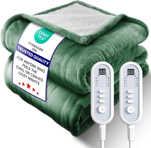 Manta térmica eléctrica tamaño King, franela y sherpa de alta calidad ultra acogedora, distribución uniforme del calor y temperatura estable,