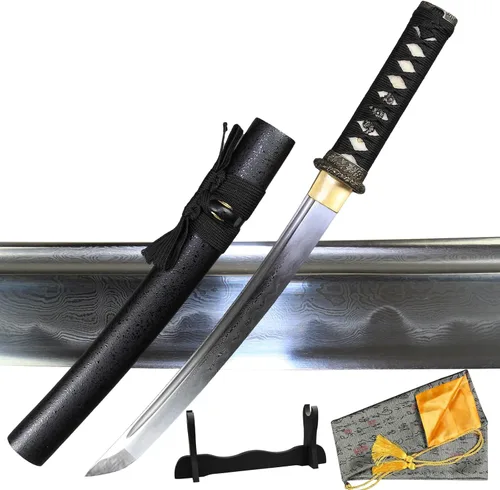 Miniatura 12 de Tanto Japonés Hecho a Mano de Acero Damasco Templado en Arcilla Espada Katana Corta Afilada de 20 Pulgadas