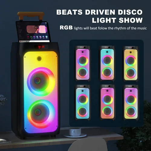 Miniatura 4 de HWWR Máquina de karaoke con 2 micrófonos inalámbricos, gran altavoz Bluetooth para fiestas con 500 W de potencia pico para adultos, sistema PA