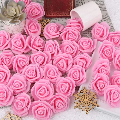 Miniatura 5 de IPOPU 100 unidades de rosas artificiales de aspecto real, rosas falsas de color rosa bebé, rosas de espuma rubor para centros de mesa de boda, Rosa