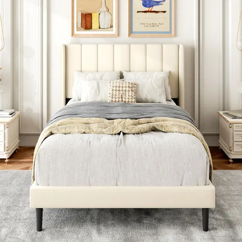 Miniatura 27 de Gruwans Estructuras de Cama Individual con Cabecera Wingback, Camas de Plataforma Tapizadas, No Necesita Somier, Soporte Resistente de Listones