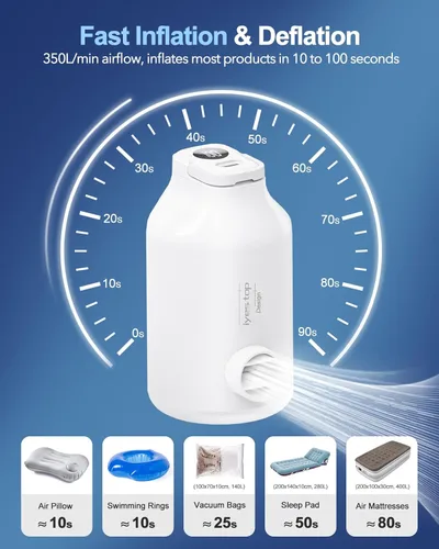 Miniatura 3 de Bomba de aire recargable portátil para inflables, 5 boquillas, velocidad del viento de 350 l/min y luz de campamento, inflado rápido y desinflado