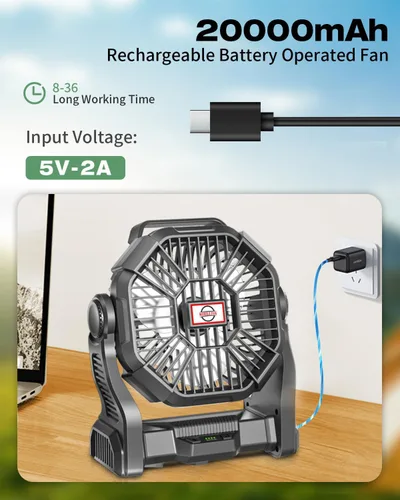 Miniatura 3 de AEscod Ventilador de camping portátil, recargable con luces LED, gancho para colgar, rotación de 270°, ventilador de batería de 20000 mAh