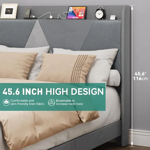 Miniatura 3 de YITAHOME Base de cama Queen con puertos tipo C y USB, plataforma tapizada de lino con cabecera de almacenamiento de lino, no necesita somier, sin