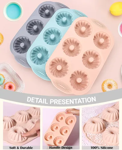 Miniatura 3 de Jello Molds - 3 moldes de silicona para tartas de tubo estriado, 6 cavidades Heritage, molde de silicona para hornear moldes antiadherentes