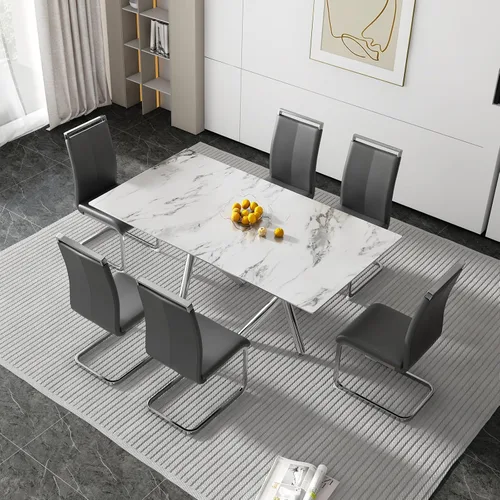 Miniatura 20 de Juego de 8 mesas de comedor de cristal, moderno juego de mesa de comedor de 71 pulgadas con 8 sillas de comedor tapizadas de piel sintética