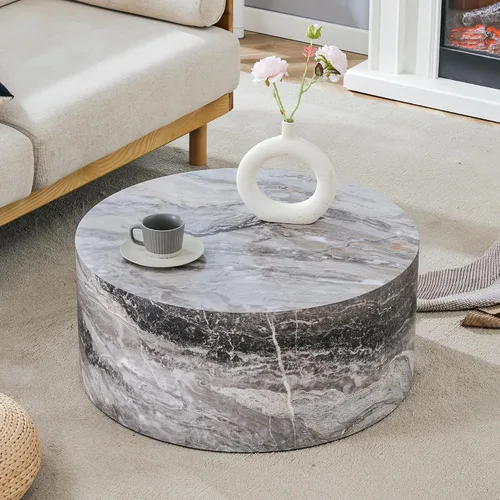 23.6" Drum Coffee Table, Wood-Grain Center Table for Living Room, Grey | Fully Assembled, Low Profile Cylindrical, Modern, Space Saving, Round