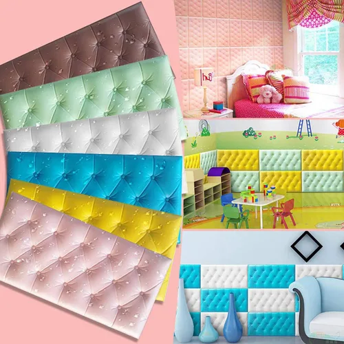 Miniatura 6 de Paneles de pared de espuma autoadhesivos 3D, 23.6 x 11.8 pulgadas, decoración de cuero revestido de cuero, anti-colisión, cojín suave para cubrir