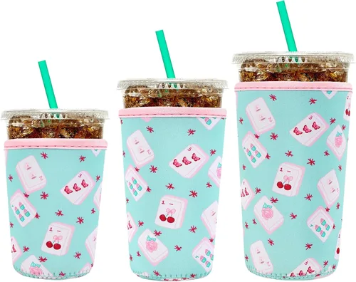 Miniatura 28 de YR Funda aislante de neopreno reutilizable para tazas de café helado, paquete de 3 fundas para bebidas heladas y calientes, enfriador de bebidas